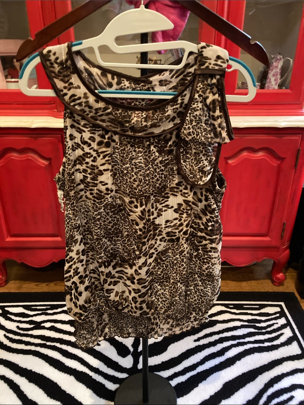 Iz Byer Beige and Brown Sleeveless Animal Print Tank with Tie Detail